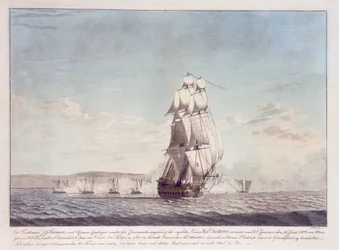 デンマークの砲艦と交戦する64門艦「ディクテーター」（1783年）、1808年6月26日、1810年頃（カラーリトグラフ）