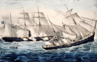 6月19日日曜日、フランスのシェルブール沖での戦争のスループ。 1864 年。Currier & Ives によるイラスト。 c1864。