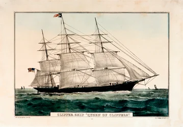 1853年、N・カリアー作「クリッパー船 "クイーン・オブ・クリッパーズ"」と題されたリトグラフ