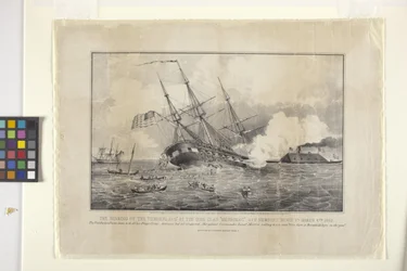 Afundamento do Cumberland pelo Ironclad "Merrimack" (litografia)
