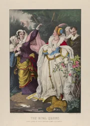 ライバルクイーンズ、スコットランドのメアリークイーン、エリザベス女王に挑む、1857-172（手塗りのリトグラフ）