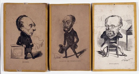 3 Portraits-charge（肖像画担当）。フランソワ・ピエール・ギヨーム・ギゾー（1787-1874）、フランスの歴史家・政治家、シャルル・ジャン＝バティスト（ジャン・バティスト）・ジャコー・ディット・ユージン・ド・ミレクール（1812-1880）、フランスのジャーナリスト・作家、ピエール＝ジョセフ・プロードン