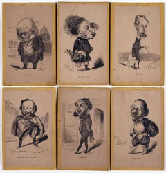 6 Charge Portraits:Pierre Jean de Beranger (1780-1857) フランスの作詞家、Alexandre Dumas fils (1824-1895)、Louis Adrien Huart (1813-1865) フランスのジャーナリスト、作家、演劇監督、Gerard de Nerval (1808-1855) フランスの作家、Charles Matharel de Fie
