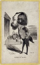 フランスの詩人・劇作家、アルフレッド・ド・ミュッセ（1810-1857）のポートレート・チャージ。ガスパード・フェリックス・トゥルナション（フェリックス・ナダール）（1820-1910）の漫画。
