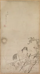 子犬、すずめ、菊