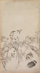 子犬、すずめ、菊