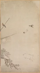 子犬、すずめ、菊