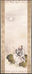 月を見る紳士（シルクにインクと色）