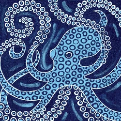 ブルーリングドタコ、2010年（カラー木版画）