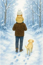 子供部屋　雪の森でのパパとワンちゃんとの冬の散歩