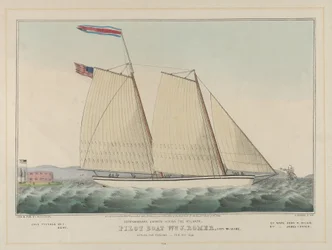 1846年2月9日、イギリスに向けて出発するパイロットボート・ウィリアム・J・ローマー号、マクガイア船長（手彩色リトグラフ