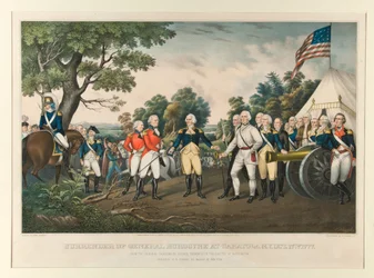 1777年10月17日、ニューヨーク州サラトガにおけるバーゴイン将軍の降伏、ワシントンの連邦議会議事堂にあるトランブル大佐の原画より