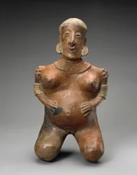 ひざまずく妊婦、紀元前300年-西暦300年（スリップ付き陶器）