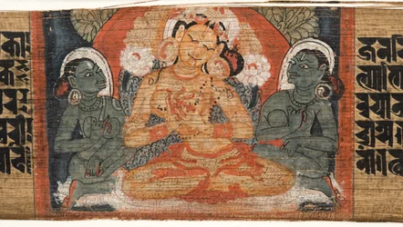 フォリオ2r女神Prajnaparamita、Astasahasrika Prajnaparamita（ヤシの葉と木のインクと色）（430760の詳細）