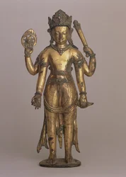 ヒンドゥー教のヴィシュヌ神の彫像、1200年頃（高銅製ブロンズ、インサイジング、金箔、宝石、彩色済み