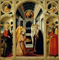 Annunciation showing St Apollonia, St Luke and prophets David and Isaiah, by Neri di Bicci (1418-1492)   1462383   ja       japanese Successfully Translated  Original: 6d9edc6a9d81 Translat: 6d9edc6a9d81 1448119 ja japanese Successfully Translated Original