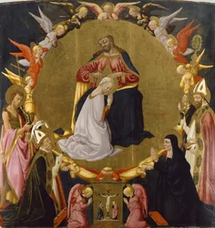 天使と四聖人との聖母の戴冠式、c.1470-75（パネル上のテンペラと金箔）