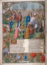 Harl 4425 f.14v 庭のキャロル、「Roman de la Rose」、ブルージュ、c.1490-1500（ベラム）