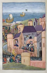 Ms 324 f.324 v。ミノス包囲メガラ。 Scyllaは彼女の父親の髪を裏切り、飛行します。OvidによるMetamorphoses 8から1479