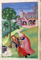 Ms 324 f.44 v。Alcithoe、Pyramus、Thisbe、マルベリーの木の色が変わる、OvidによるMetamorphoses、1479
