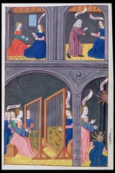 Ms 324 f.62 v. アラクネがパラスに挑み、蜘蛛になる。オウィディウス『変身物語』第6巻より、1479年
