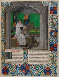 Royal 14 E. I f.3 Vincent de Beauvais がデスクで読書をしている、「Speculum Historiale, Book I」より、Vincent of Beauvais と Jean de Vignay (vellum) 作
