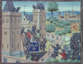 Royal 18 E.1 fol.345 フランスとスコットランドによるヴァルク城の占領、Jean Froissart (c.1333-1404) 著「Chroniques de France et d