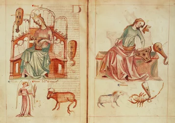 Sloane MS 3983 fol.42v-43 「Liber Astrologiae」(vellum) より、支配星座と不利な状態で楽器を演奏する金星