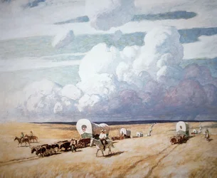 西へ向かう幌馬車（油彩・キャンバス