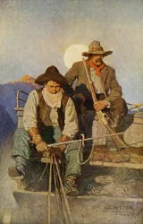 西部地方を横断する軍隊と勤勉な運転手と警備員。N.C.ワイエスの絵画の複製。