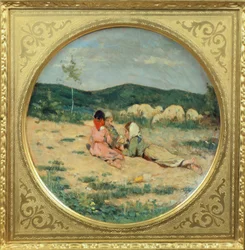 羊飼いの姿が描かれたプレート、Niccolo Cannicci作、1880年頃、テラコッタプレートに油彩