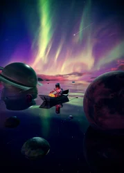 オーロラの下を漂う宇宙飛行士