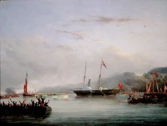 プリマス沖の「The First Victoria And Albert Yacht」（油彩・ボード）