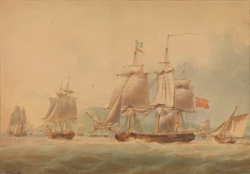 フリゲート［おそらく「トリトン」（1796年）］を伴って出発する護衛艦。