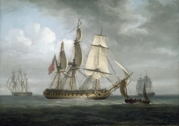 1796年にデプトフォード（イギリス）で建造されたフリゲート艦「トリトン」と他の船。キャンバスに油彩