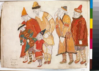 人々の人々。 アレクサンダー・ボロディン (ボロディン) (1833-1887) によるオペラ「イーゴリ公」の衣装。 Nicolas (Nicholas) Roerich (1874-1947) の作品、紙に水彩とガッシュ