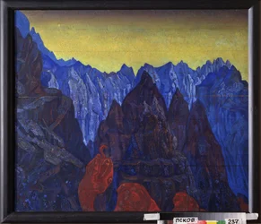 蛇の叫び。 (チベットの山の風景)。 Nicholas Roerich (1874-1947) による絵画、木にテンペラ