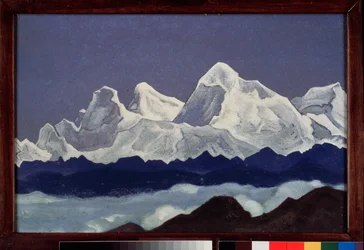 ヒマラヤ (チベット) のエベレスト (Chomolungma) 山。 Nicolas (Nicholas) Roerich (1874-1947) の絵画、キャンバスにテンペラ