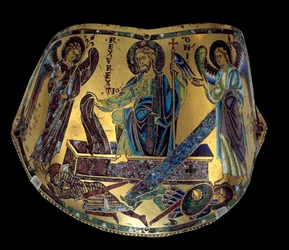 Armilla: The Resurrection.ムーズの銅とエナメルの儀礼用ブレスレット。ニコラ・ヴェルダンの工房（1130/50-1205頃） 中世、1170-1180頃。パリ、ルーヴル美術館