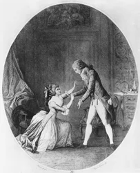 トゥールベル夫人を誘惑するヴァルモン。ピエール・ショデルロス・ド・ラクロ（1741-1803）の「危険な関係」からの挿絵で、ロマン・ジラール（b.c.1751）が1782年に彫ったもの（エングレービング）（モノクロ写真