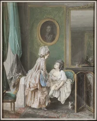 Femme enfilant ses bas - ストッキングを引っ張る女性」Lafrensen, Niclas (Nicolas Lavreince) (1737-1807)作。紙にグワッシュ