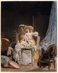 比較の様子。二人の女性が胸の大きさを比較している。ニコラ・ラヴランス（1737-1807）のエングレーヴィング、1782年頃。