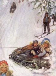 ノルウェー。ホルメンコーレンの「転がったソリに乗った少女たち」（カラーリトグラフ