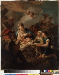 ニコラ・グラッシ（1682-1748）による「「幼子キリストの崇拝」」（1682-1748）の絵画、18世紀のミカロユス・コンスタンティナス・クルリオニス美術館、カウナス、リトアニア