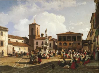 ベネベント (カンパニア地方)、大聖堂の鐘楼と教皇オルシーニ (キャンバスに油彩) に捧げられた噴水のあるオルシーニ広場