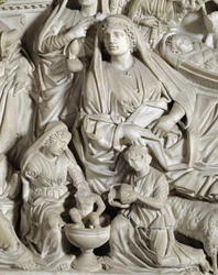 La nativite (nativity) 詳細 ニコラ・ピサーノ(1215/20-1278/84)が実現した椅子 (大理石の説教壇) イタリア、ピサのバプティステール聖ヨハネ1260番地