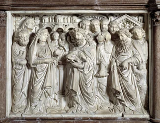 寺院へのイエスの提示（Presentation of Jesus to the Temple） ニコラ・ピサーノ（1215/20-1278/84）が実現した椅子（大理石の説教壇） 1260 Baptistere Saint John of Pisa (Battistero san Giovanni di Pisa), イタリア