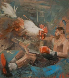 Boxer with roosters, 2018（キャンバスに油彩）