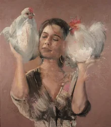 Girl with roosters, 2018（キャンバスに油彩）