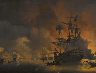 1816 年 8 月 27 日、英蘭艦隊による砲撃開始直後のアルジェ埠頭での火災 1816 年 8 月 26 日から 27 日までのアルジェ湾での英蘭艦隊のプレゼンス中の 4 つのエピソード (シリーズ タイトル)